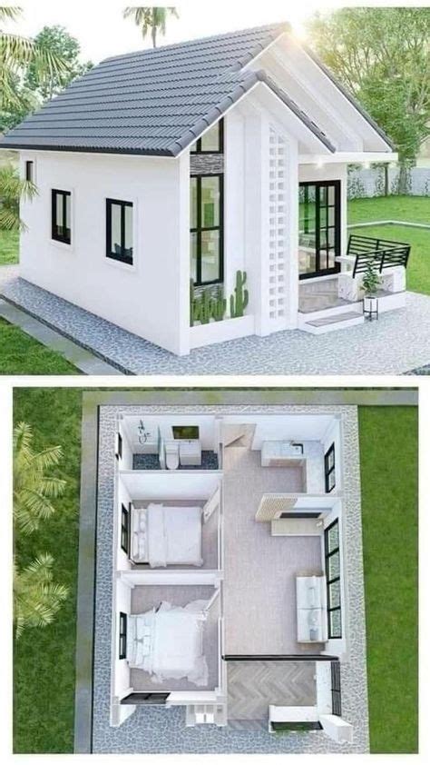 two views of a small white house from above and below, with an open ...