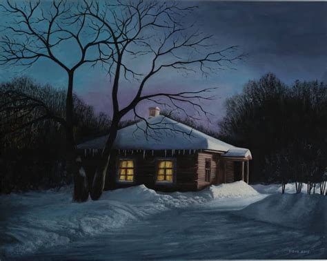Картина «домик зимой» Бумага, Масло 2015 г.