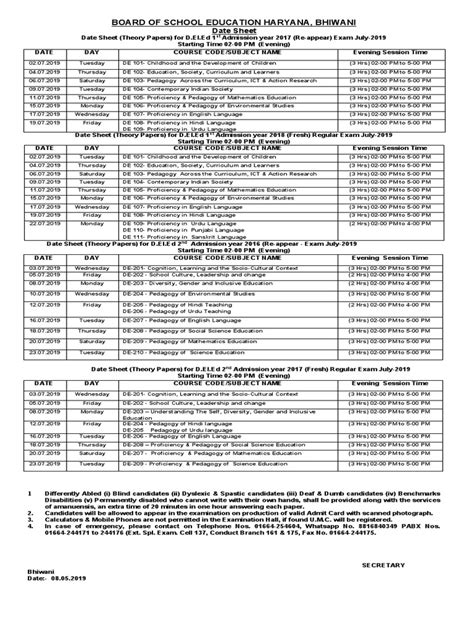 Board Of School Education Haryana Bhiwani Date Sheet Pdf Pedagogy Learning