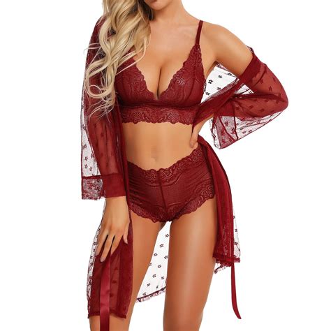 Rigardu Lingerie For Women Women Lingerie Set 3 Piece Lace Kimono Robe