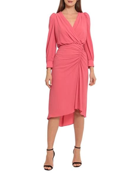 Maggy London Ruched Long Sleeve High Low Midi Dress In Rapture Rose At