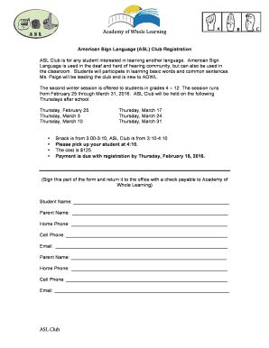 Fillable Online ASL Club Registration Form Academy Of Whole Learning