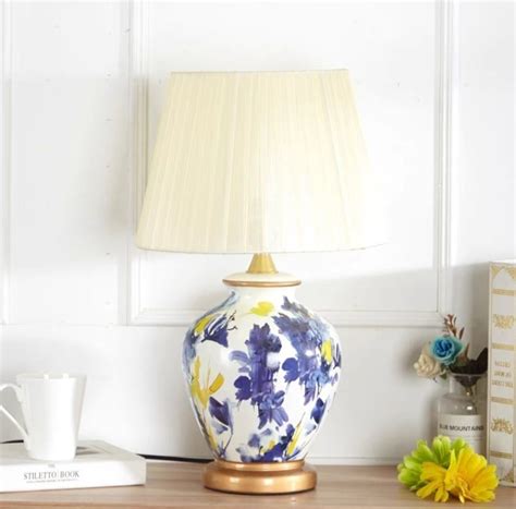 Chinese Table Lamp Porcelain White Abstract Flowers Handmade Aerin