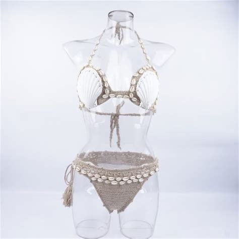 Shell Crochet Pieces Bikini Set Sexy Women Adjustable Strings Swimsuit Bra Wrapped Chest