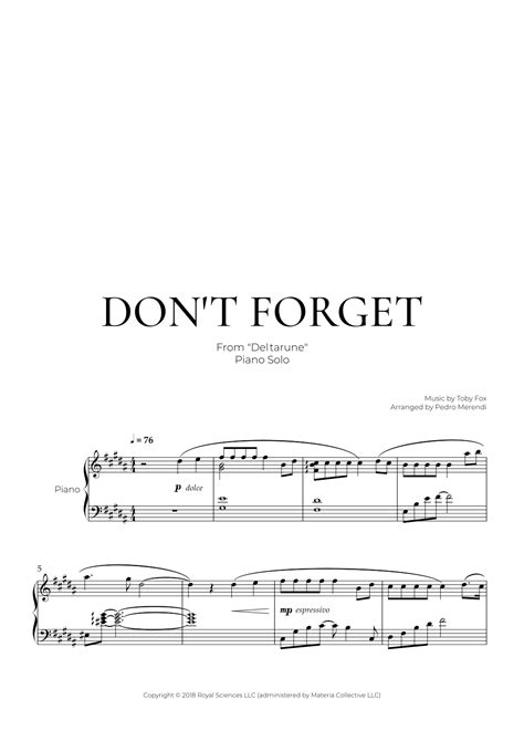 Don T Forget Arr Pedro Merendi By Toby Fox Sheet Music For Piano