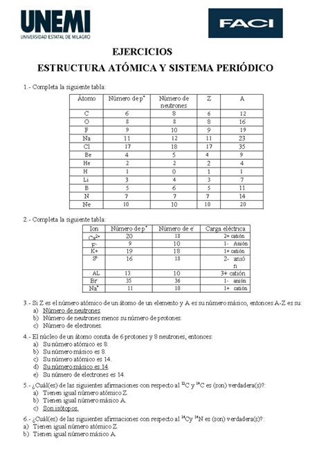 Trabajo De Quimica Ejercicios Estructura AtÓmica Y Sistema PeriÓdico