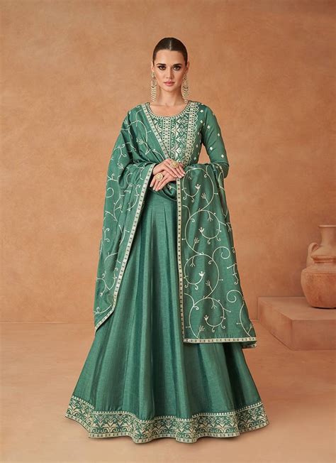 Green Color Premium Silk Embroidered Stitched Anarkali Suit Monjolika