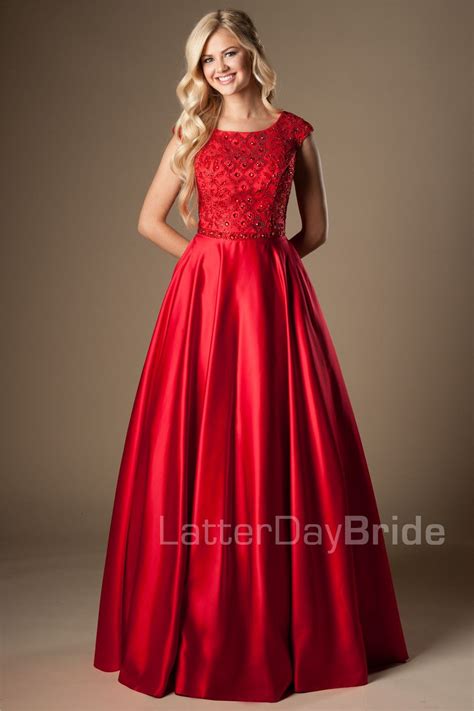 Red Satin Long Modest Prom Dresses With Cap Sleeves A Line Heavily Beaded Bodice College Modest