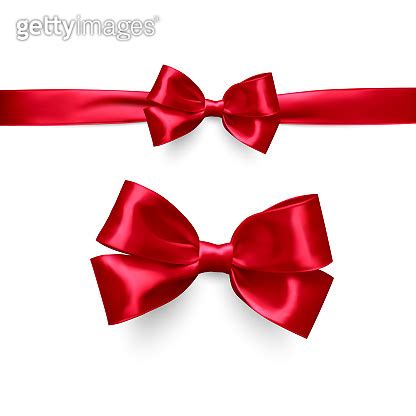 Decorative Red Bow With Horizontal Red Ribbon Isolated On White Set Of