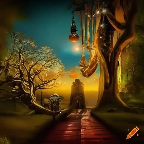 Surreal Park With Strange Creatures Fantastical Trees Lamp Posts And