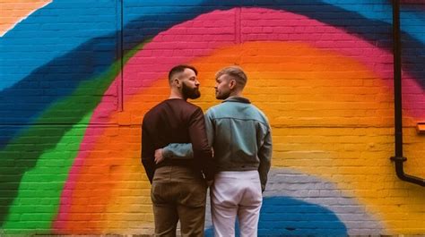 Em Frente A Uma Parede As Cores Do Arco Ris Um Casal Gay Est De P Usando Generative Ai