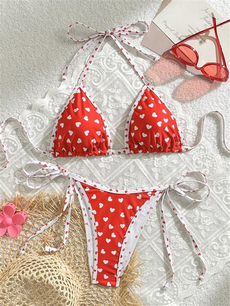 Women S Sexy Heart Print Halter Bra Bikini Bottom Red Bikini Set For Summer Beach SHEIN USA