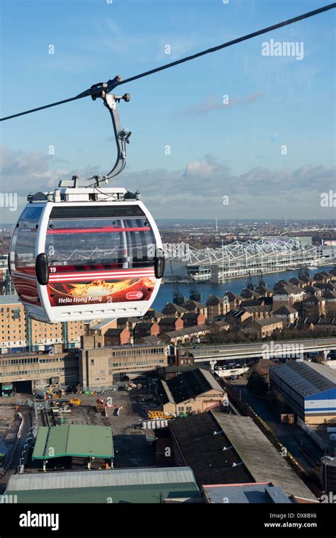 Emirates Air Line Cable Car Crosses River Thames Between The O2 North