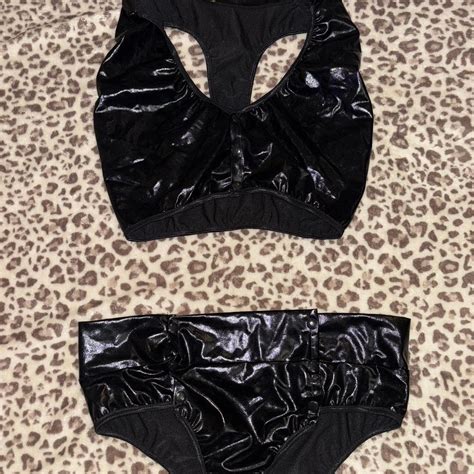 Black Vinyl Bikini Set Halter Back With Buttons On Depop