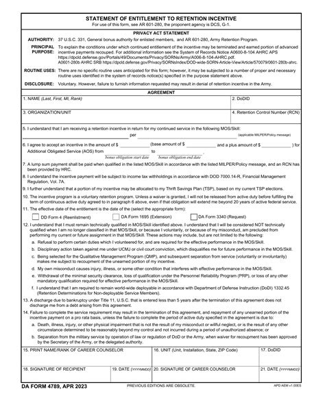 DA Form 4789 Statement Of Entitlement To Retention Incentive Forms