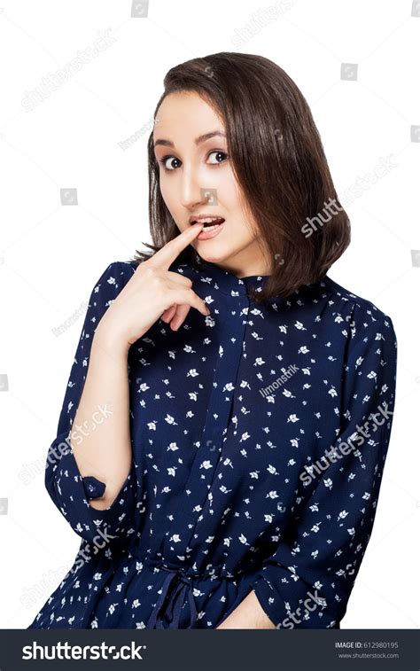 Beautiful Brunette Girl Short Hair Blue Stock Photo Shutterstock