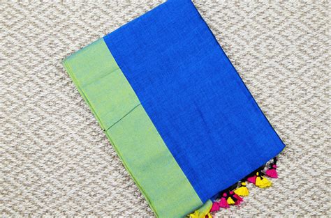 Tvis And Bliss Peacock Blue And Olive Green Soft Handloom Cotton Saree