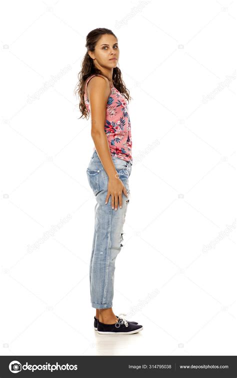 Profile Young Woman Torn Jeans Standing White Background Stock Photo by ...