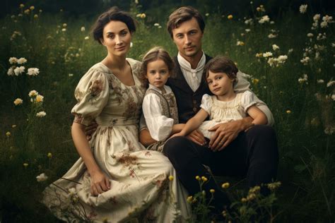 AI generated Young family with two children in the field of daisies, A