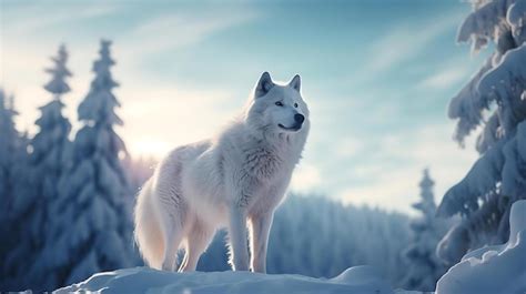 Un Lobo Se Encuentra En Una Colina Nevada Con Rboles Al Fondo Foto