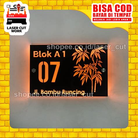 Jual Papan Nomor Rumah Akrilik Huruf Lubang Motif Bambu Dengan Lampu