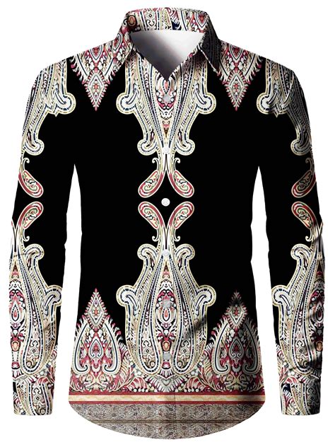 Creative Ethnic Pattern Men S Shirt Top Turn Down Collar Long Sleeve