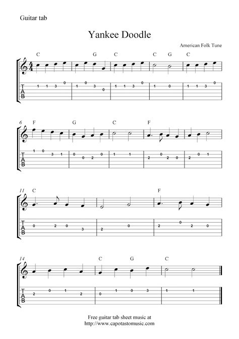 Yankee Doodle,easy free guitar tab sheet music score | Guitar tabs ...