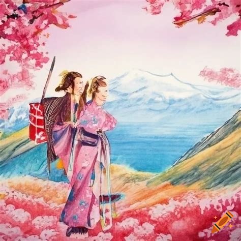 Illustration Showcasing Japanese Food Mt Fuji Cherry Blossom Kimono