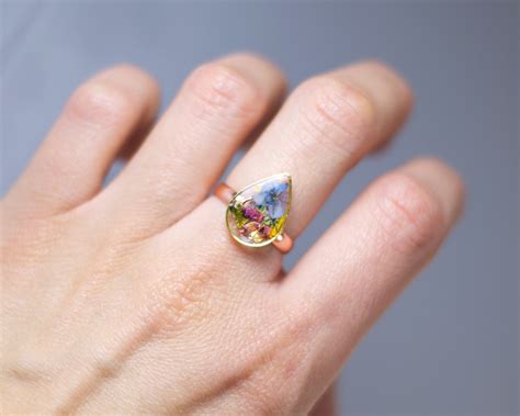 Real Dried Flower Ring Pressed Flowers Floral Ring Small Teardrop