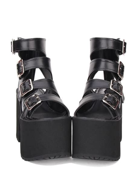 Black Gothic Punk Buckle Belt Platform Sandals Uk