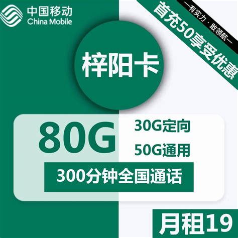 移动梓阳卡19元包50g通用30g定向300分钟通话【一年套餐】 小纸箱卡报站