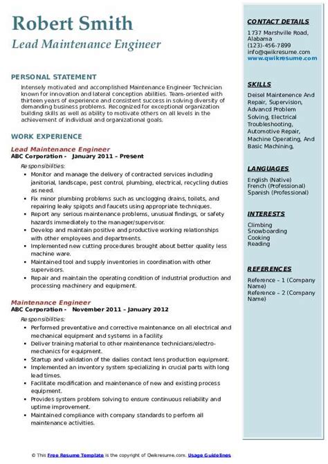 Maintenance Engineer Resume Sample