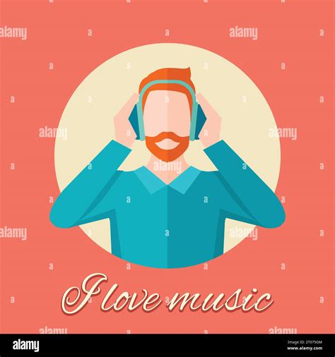 Man With Beard Listening Music In Headphones Flat Poster Vector