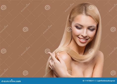 Portrait Of Beautiful Blonde Long Hair Girl With Closed Eyes Stock