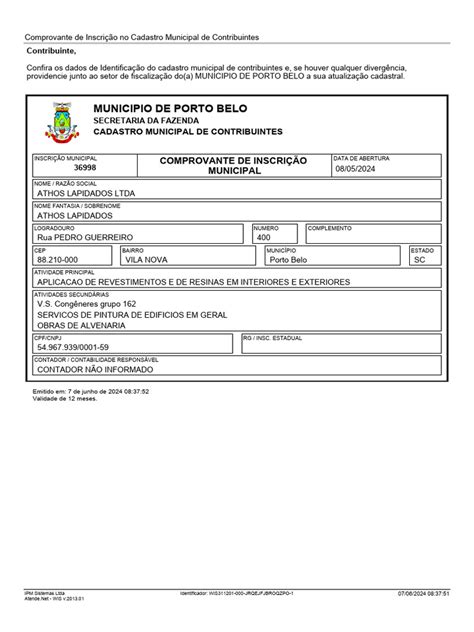 Comprovante De Inscrição Municipal - Comprovante de Inscrição Municipal | PDF