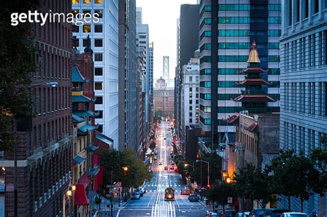 Downtown San Francisco With Cable Car On California Street At Dawn San