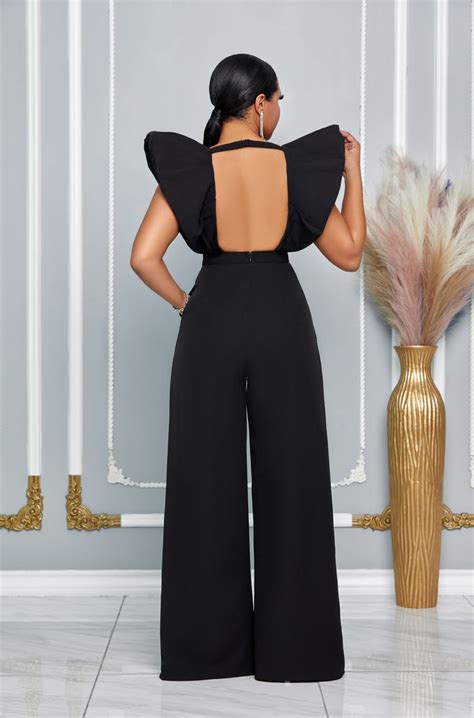 V Neckline Puff Shoulder Slit Leg Jumpsuit Black Dress Code Chic