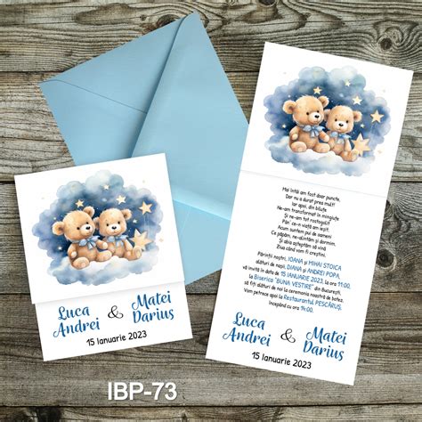 Invitatii Botez Gemeni Baieti Cu Plic Colorat Ursuleti Ibp