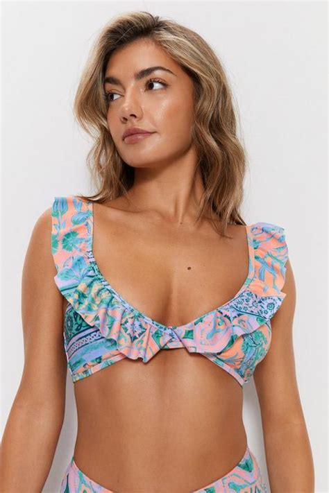 Swimwear Tile Border Print Ruffle High Waisted Bikini Set Warehouse