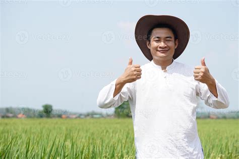 Handsome Asian Man Farmer Wears Hat White Shirt Raise Two Hands