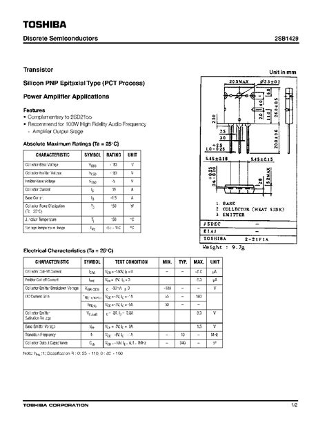 2SB1429O PDF资料下载 1 2 页 15 A 180 V PNP Si POWER TRANSISTOR