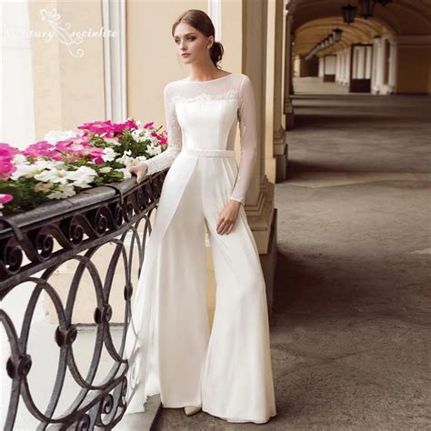 Women Jumpsuits Wedding Dresses Detachable Pearls Belt Chiffon Lace