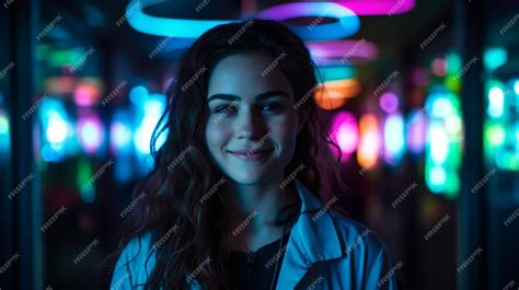 Premium Ai Image A Woman Stands In Front Of A Neon Light