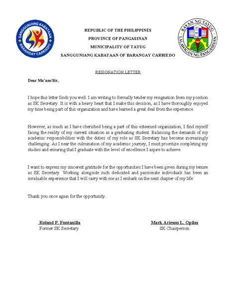 Resignation Letter Of Sk Republic Of The Philippines Province Of