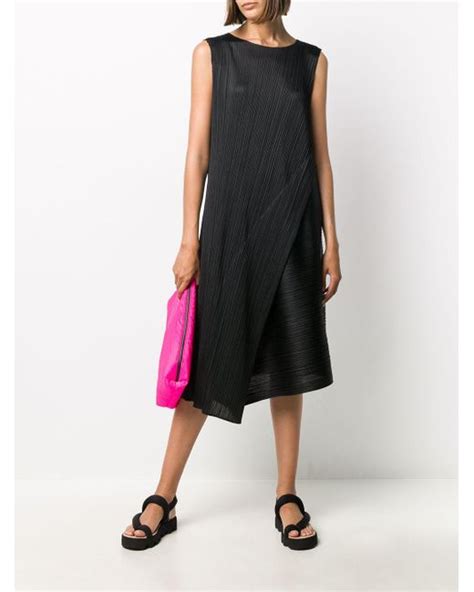 Pleats Please Issey Miyake Asymmetric Pleated Midi Dress In Black