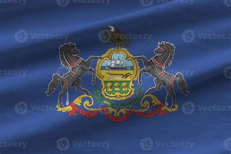 Pennsylvania Us State Flag With Big Folds Waving Close Up Under The