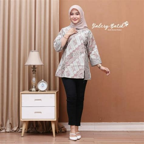 Jual Baju Batik Wanita Modern Kantor Elegan Lengan 3 4 Panjang Balon