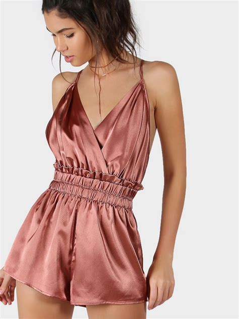 Satin Crisscross Strappy Back Elastic Waist Wrap Romper Shein Sheinside Red Romper Playsuit