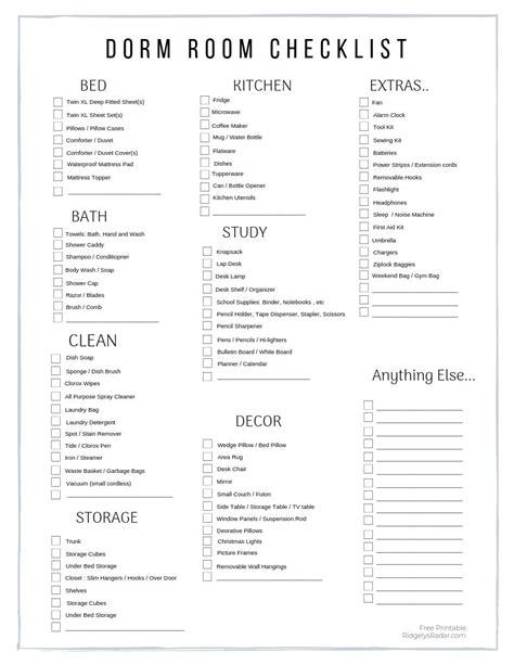 Printable College Dorm Checklist Printable Word Searches