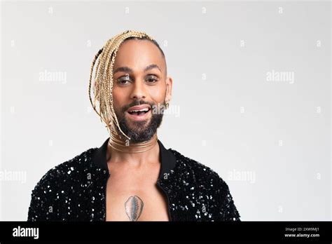 Confident Black Gay Man With Make Up Confused Isolated On White Background Dressed Black Jacket